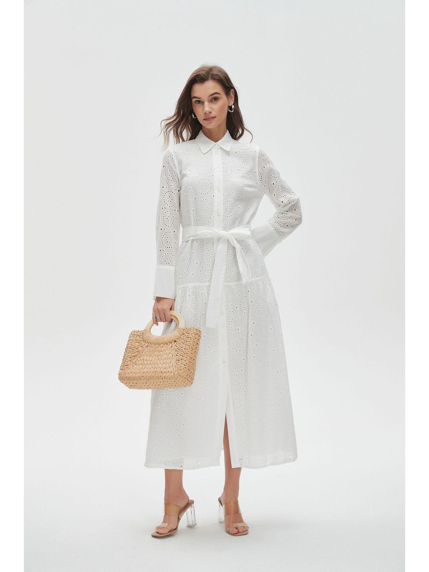 

2025 Summer European & American Style Embroidered Lace-up Midi Dress with Long Sleeves XS