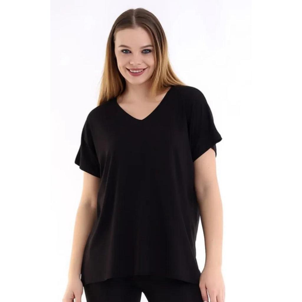 Damen Schwarzes Übergröße Basic T-Shirt mit V-Ausschnitt