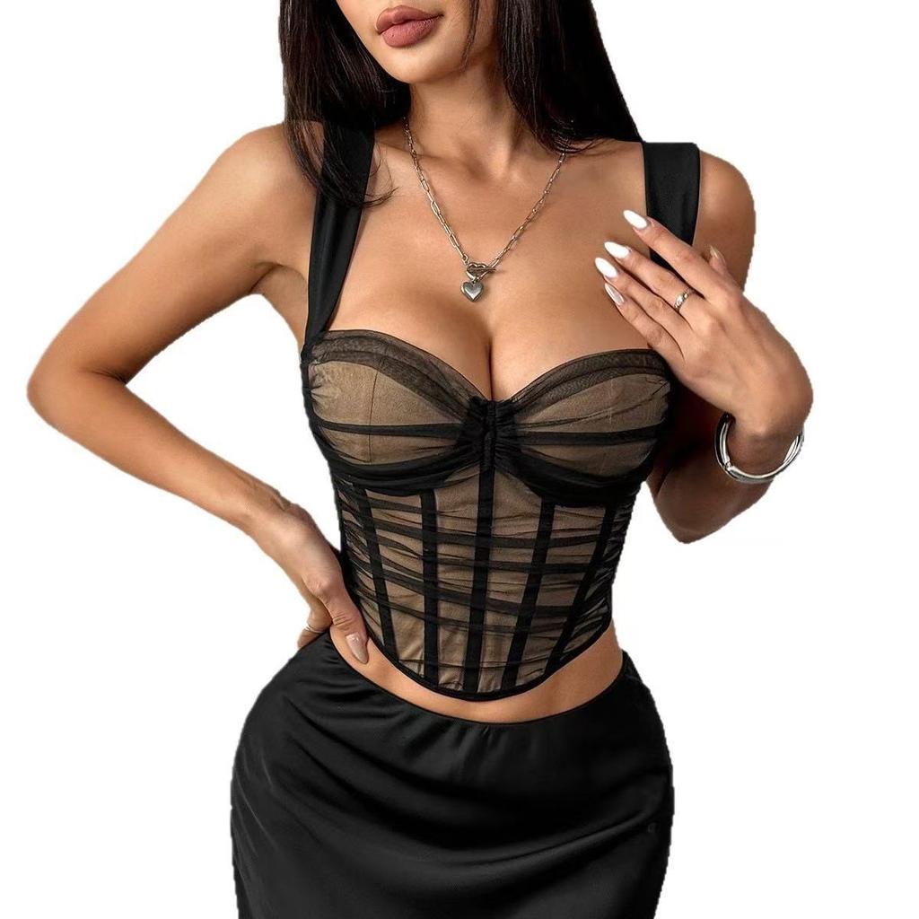 New Style Women's Clothing Sexy Splicing Contrasting Color Bra Mesh See-through Fishbone Bra Vest Suspender