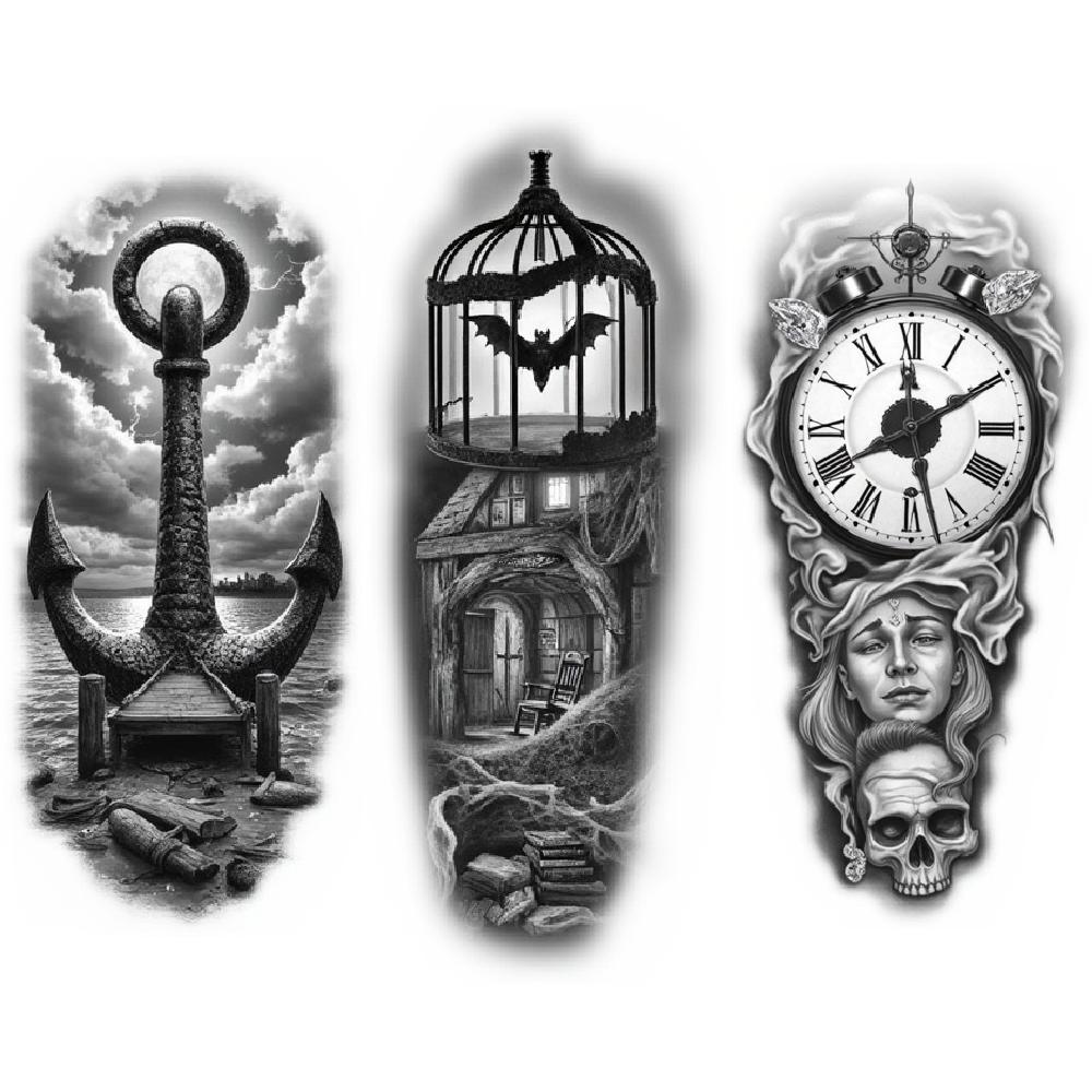 3pcs Temporary Tattoo Black And Grey Realism  And Moon Tree With House And Moon  With Lighthouse For Women Arms