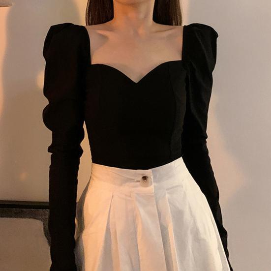 Square Collar Pleated Puff Long Sleeve Women Blouse Female Autumn Casual Skinny Cropped Top Streetwear