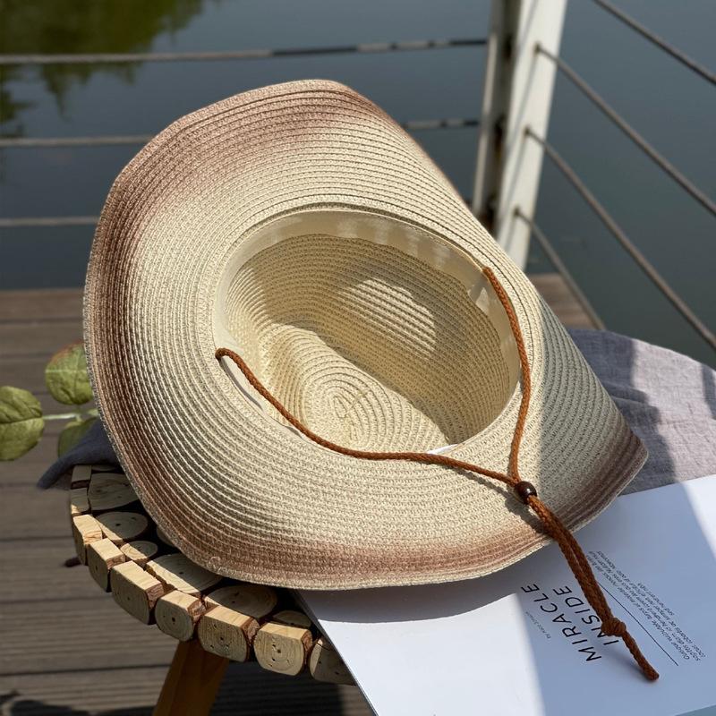 Rivet Belt Gradient Color Jazz Cowboy Straw Hat for Women, Summer Outdoor Fishing Sun Protection Hat, Men's Sunshade Beach Hat