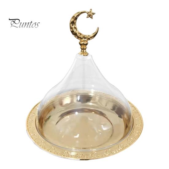 

Металевий піднос для Рамадану з прозорою куполоподібною кришкою. Міні-піднос для тортів. Багаторазовий піднос для десертів для горіхів. Цукерки. Органайзер для зберігання продуктів для вечірок. золотистий