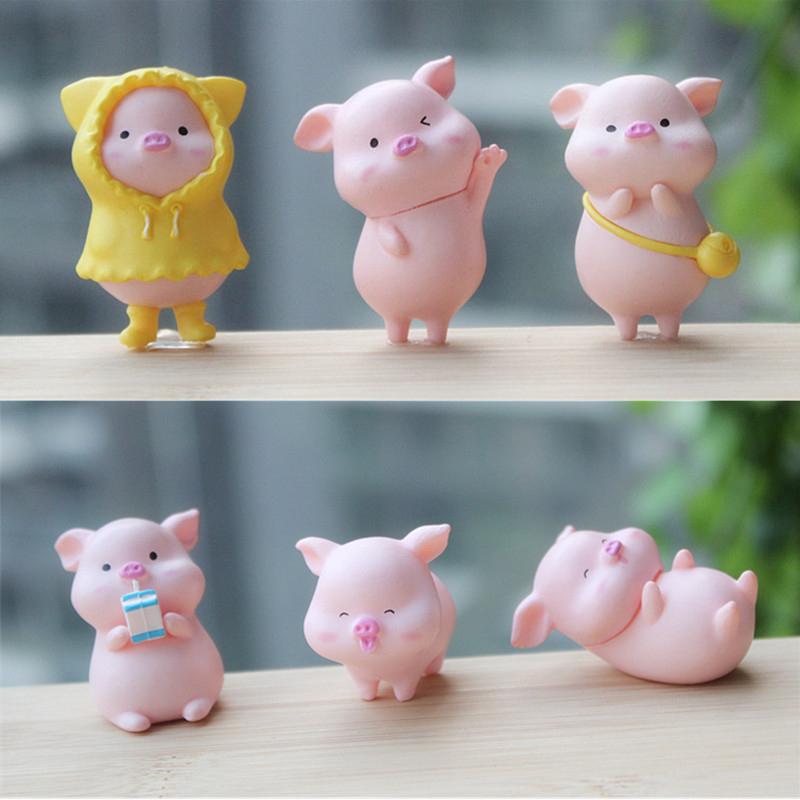 6 Pcs Cute Little Pig Doll Ornaments Little Pig Desktop Cake Decoration Car Decoration Micro Landscape DIY Home Decorations