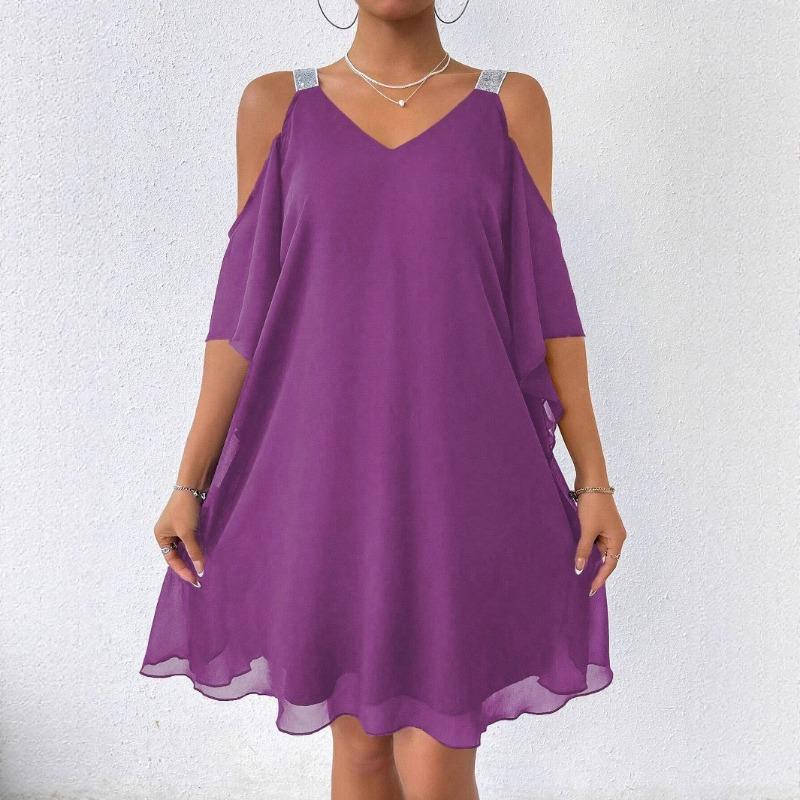 

Women s Chiffon Cold Shoulder Dress with Rhinestone Straps and V-Neck S