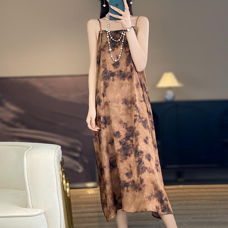 Women's Silk Satin Spring and Summer Floral Halter Dress Show Temperament Elegant Loose National Style Slimming Dress