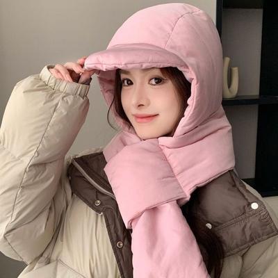 Hat Scarf  All In One Down Front Hat for Women   Winter Style New Warm Mountaineering Cotton Hat for Men Windproof and Water Repellent