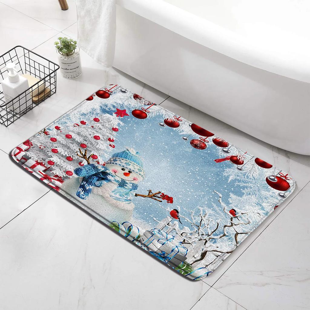 Red Christmas Shower Curtain Set Funny Santa Claus Gift Green Pine Branches Xmas Balls Home Bathroom Decor Bath Mat Toilet Cover