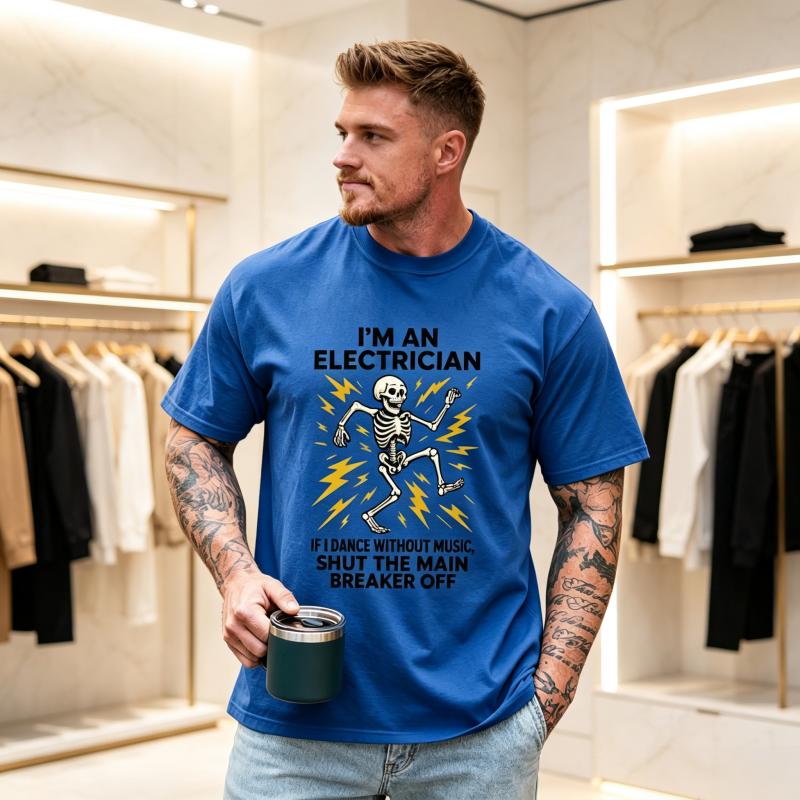 Funny Electrician Print Unisex Tee Shirt Dancing Skeleton Electrician Graphic Top,oversize Tshirt,Daily Casual Streetwear Gifts