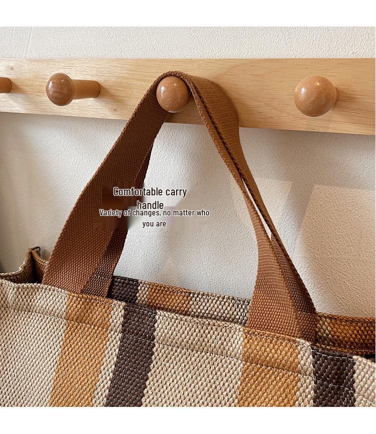 Women's Large Capacity Striped Canvas Tote Bag - Casual Shoulder Handbag