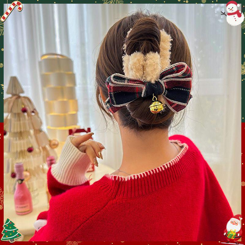Plaid Bow Plush Hair Clip – Christmas Bells Large Claw Clip for Women