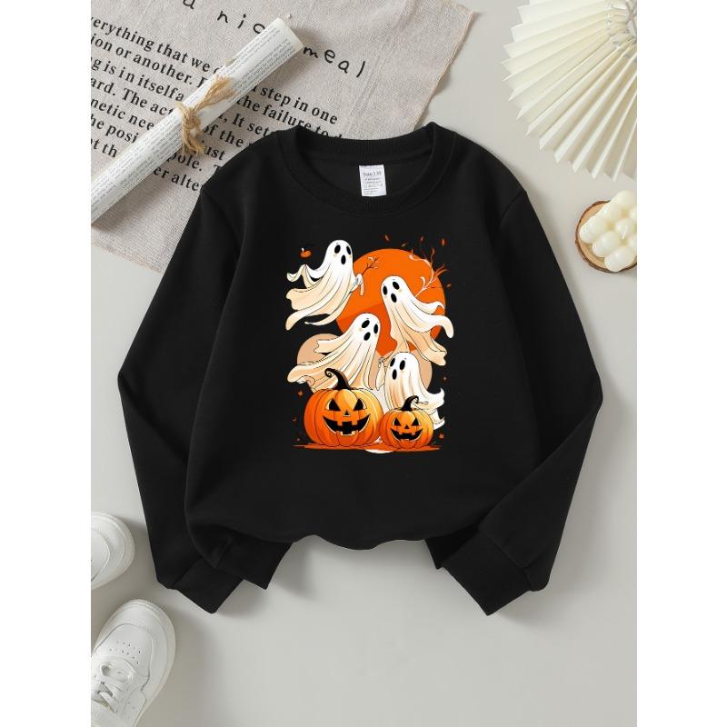 European Sizes Girls' Halloween Long-Sleeve Round-Neck Fun Print Casual Top, Kids' Autumn Clothing, for Trick-Or-Treat Parties.