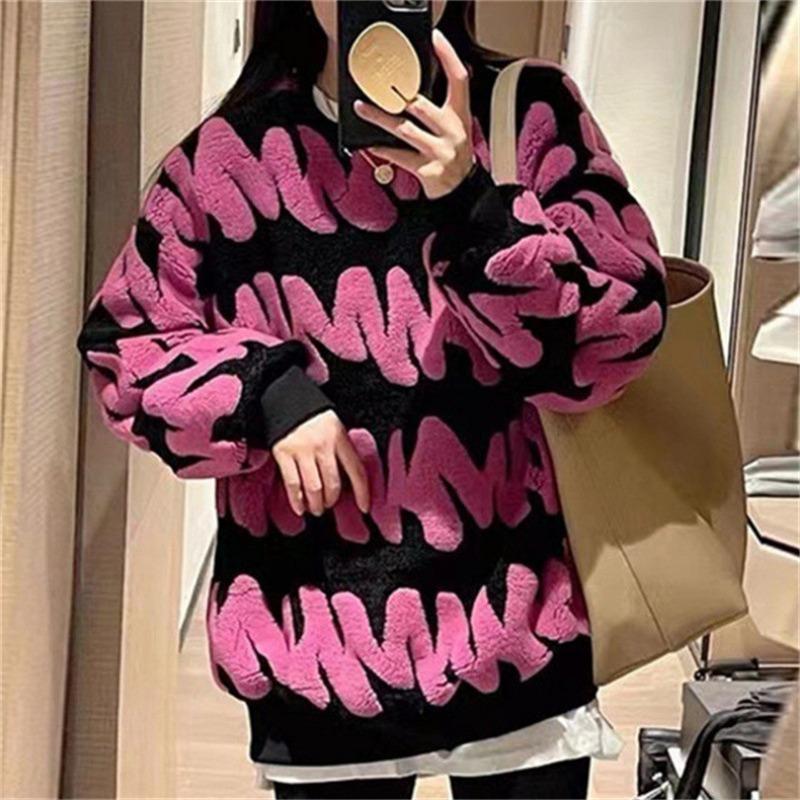 Autumn and Winter New Lazy Flocking Pullover Sweater Women's Thick Round Neck Towel Embroidered Western Style Sweater Top