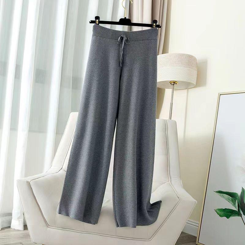 High-Waisted Loose Wide-Leg Waffle Knit Pants for Women - Autumn/Winter Floor-Length Casual Style Small