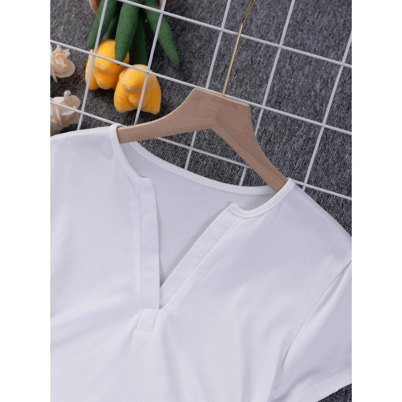 Women's Side Pinch Pleat Waist Closing Scissor Neck V-Neck Stretch Cotton Solid Colour Peplum Summer Short Sleeve T-Shirt