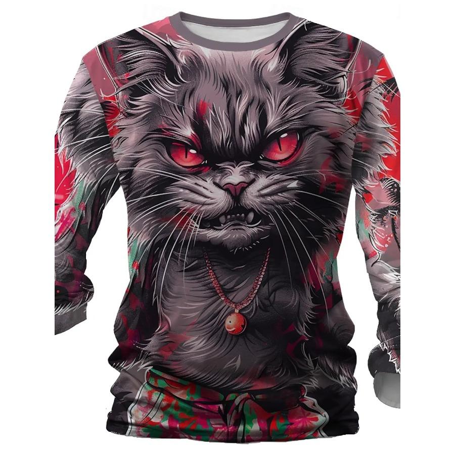 Padrão de gatinho de Halloween impresso em 3D, camiseta masculina de outono com gola redonda, manga comprida casual, pulôver grande, moda tops