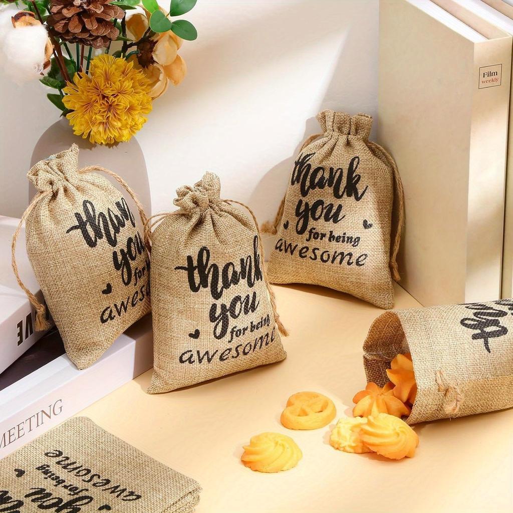1 Set (10pcs) Thank You Burlap Gift Bags – 5x7 Inches (13x18cm) Small Jute Drawstring Bags, DIY Therapeutic Bags, Linen Jewelry Bags for Thanksgiving