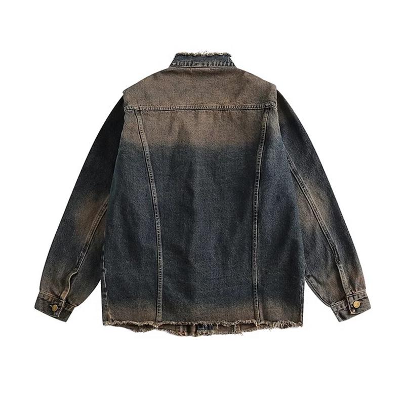 

Женская ретро джинсовая куртка в гонконгском стиле с потертостями: Стойка воротника с большими карманами, Свободный крой, Стройнящий дизайн для осени Large