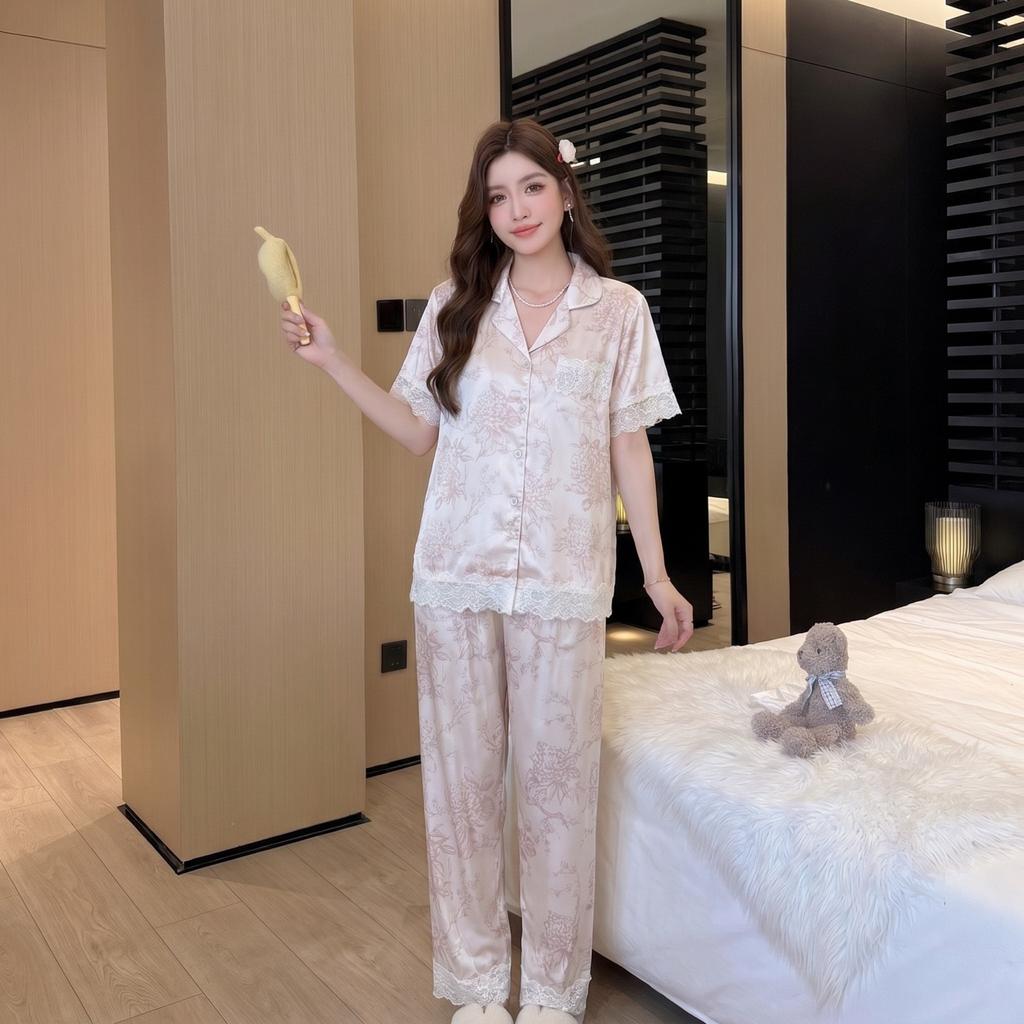 Ice silk pajamas women's summer new French light luxury high-end floral lace short-sleeved cardigan loungewear two-piece set