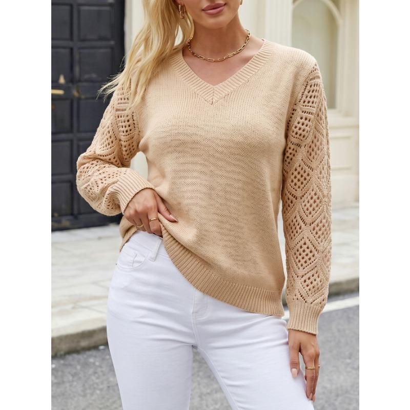 Women Loose V Neck Hollow Out Long Sleeve Knitted Casual Pullover Sweater Top