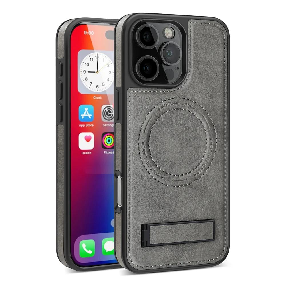 Fashion Leather for Magsafe Phone Case for iPhone 16 Pro Max 15 14 13 12 11 With Stand Bracket Strong Magnetic Shockproof Cover