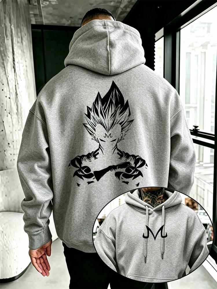 Anime‑fierce Men Hoodie Front Compact Curved‑symbol Print, Back Powerful Spiky‑hair Warrior Silhouette Pullover For Cozy Weekend Activities