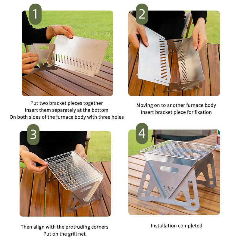Bærbar Sammenleggbar Grill Varmesteller Multifunksjonell Camping BBQ Grillstativ Nett Vedovn Rustfritt Stål BBQ Grill