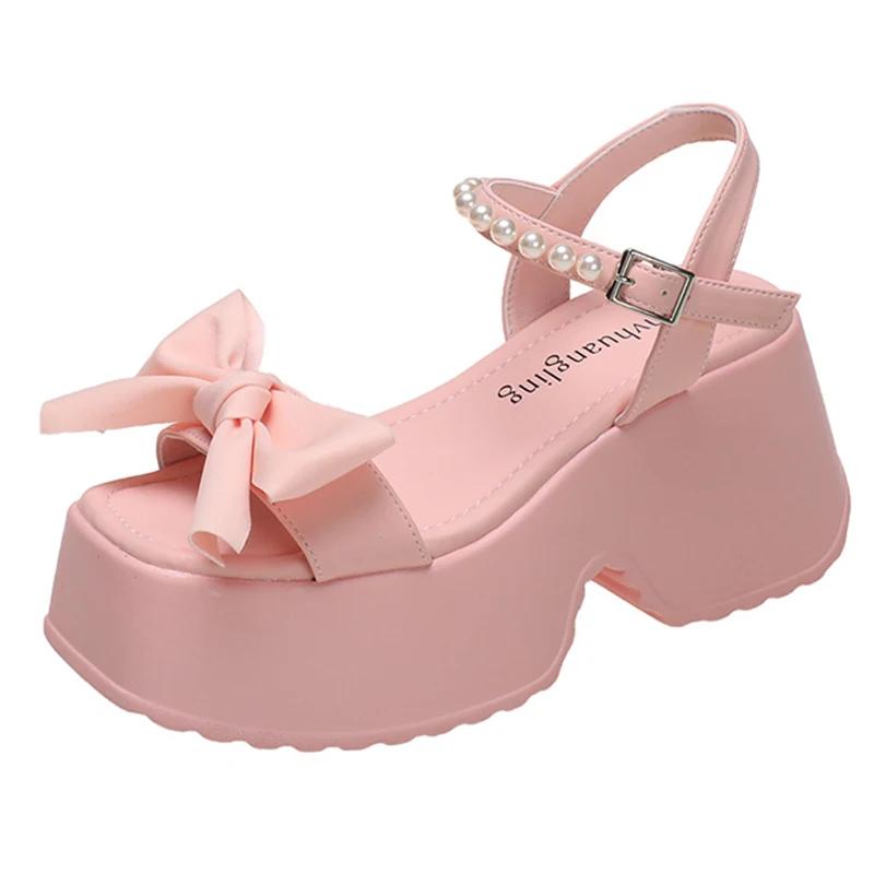 Korean Version Bowknot Margarite Thick Bottom Roman Sandals 2024 New Fashion Casual All-match Solid Color Heels Women Summertime