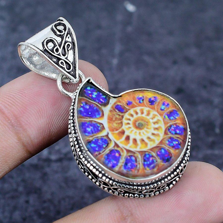 Natural Ammonite Fossil Gemstone 925 Sterling Silver Jewelry Pendant 1.89" W0K73
