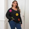 A Large-sized Women's Sweater with Pineapple Sleeves and A Deep V Base Layer, A Three-dimensional Woolen Embroidered Flower Patchwork Pullover