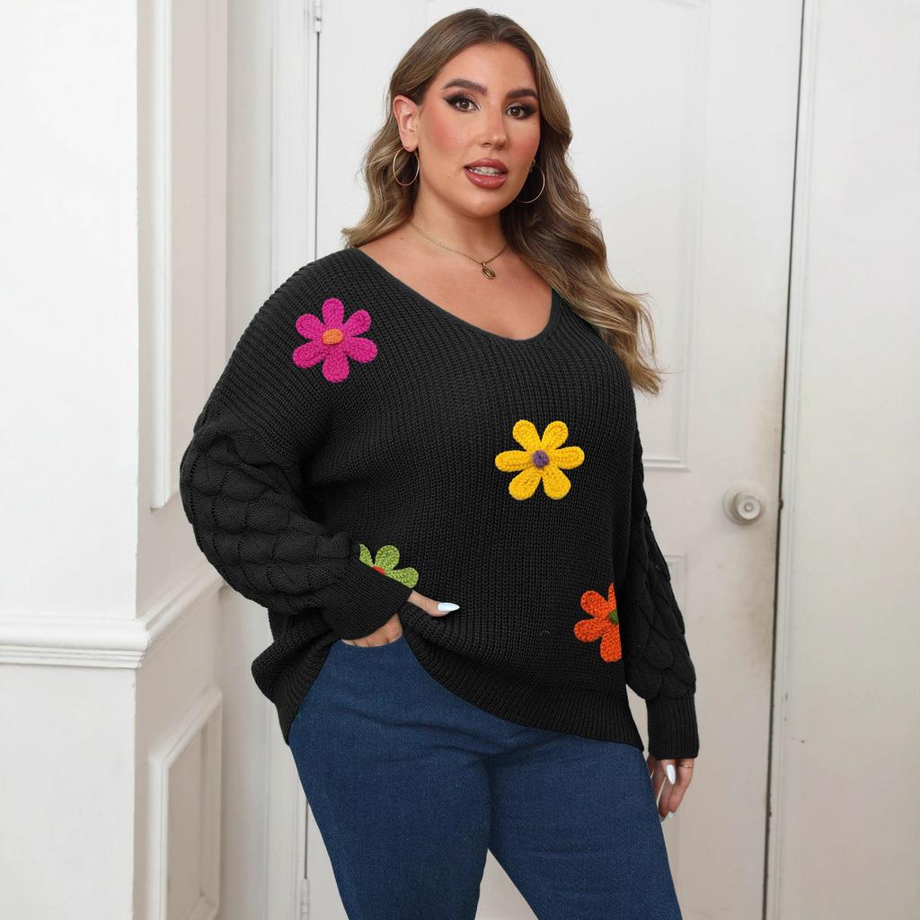 A Large-sized Women's Sweater with Pineapple Sleeves and A Deep V Base Layer, A Three-dimensional Woolen Embroidered Flower Patchwork Pullover