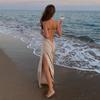 Summer Women Satin Silky Spaghetti Strap Split Long Dress Elegant Sleeveless Backless Club Party Beach Sexy