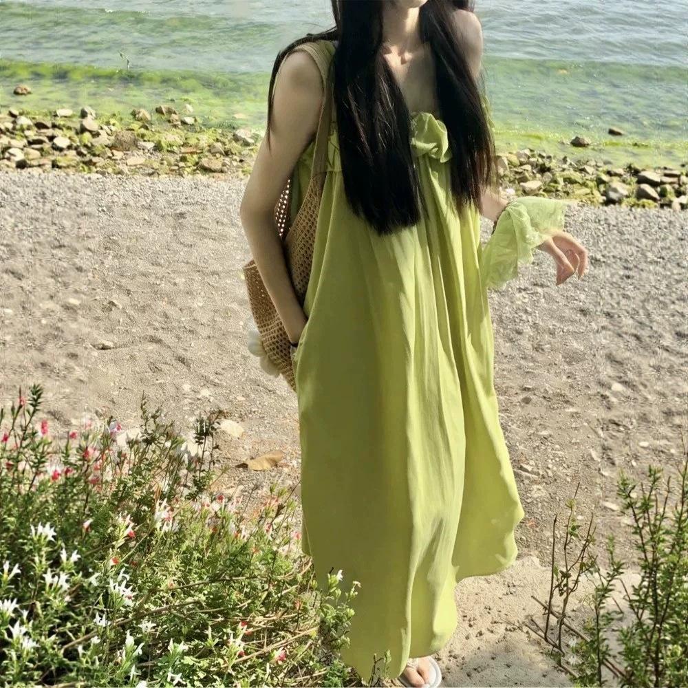 Seaside holiday wind one-word shoulder suspender dress women's summer new loose fresh lazy green dress