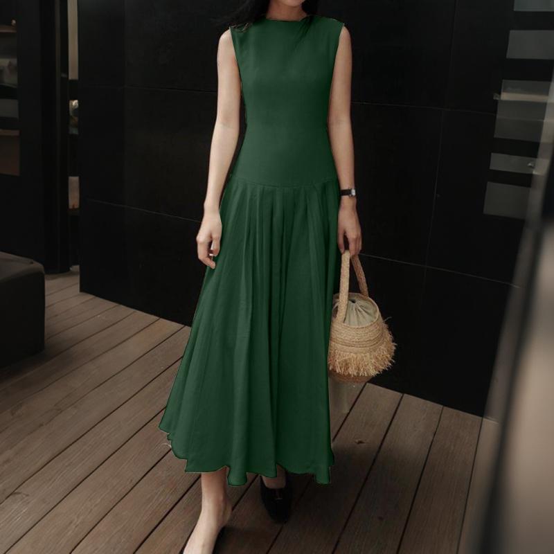 ZANZEA Women Casual Round Neck Solid Color Sleeveless Long Dress