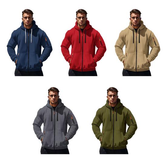 Men Coat Long Sleeve Zipper Closure Hooded Sweatshirt with Large Pockets Solid Color Velvet Thickened Warm Outerwear