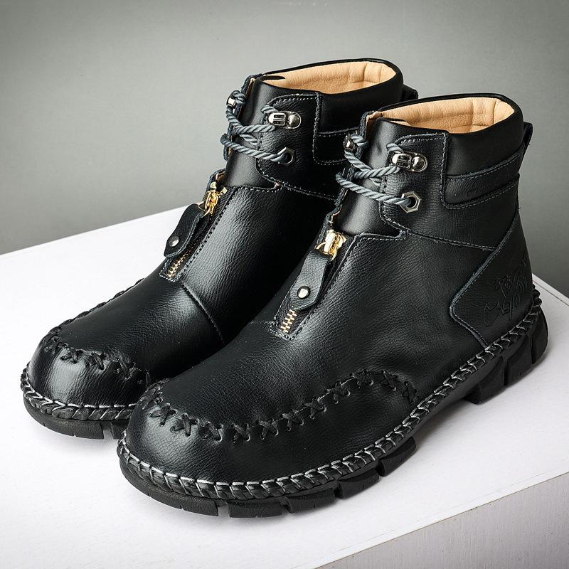 Men's boots autumn and winter outdoor medium and high-top shoes 2021 fashion leather boots trendy casual shoes sewn shoes large size men