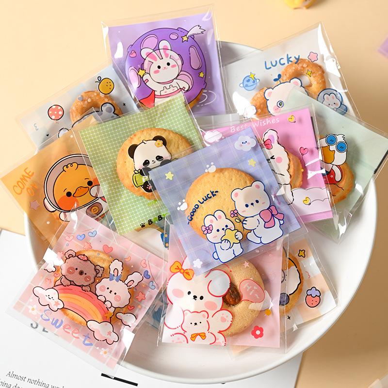 100Pcs 7x7cm Small Cartoon Animal Self-adhesive Plastic Bags Cookie Snack Candy Birthday Party Gift Packaging