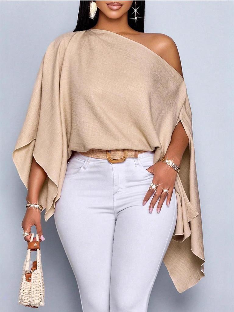 Women's Off-the-Shoulder Batwing Sleeve Top - Casual European & American Style, Elegant Solid Color