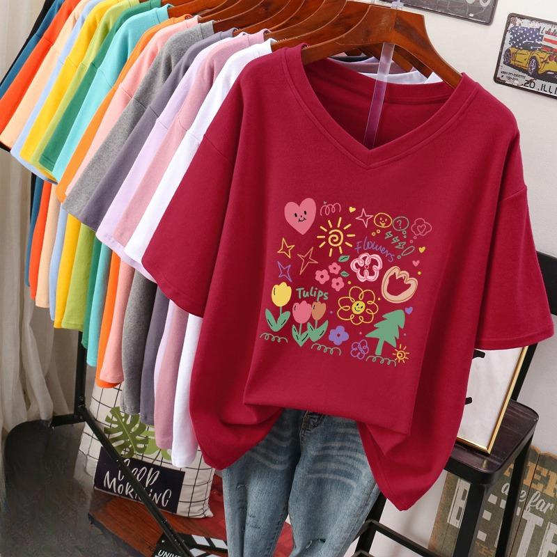 Kurzärmeliges T-Shirt, Locker sitzend, Schlankmachendes bedrucktes V-Ausschnitt-Top für Damen