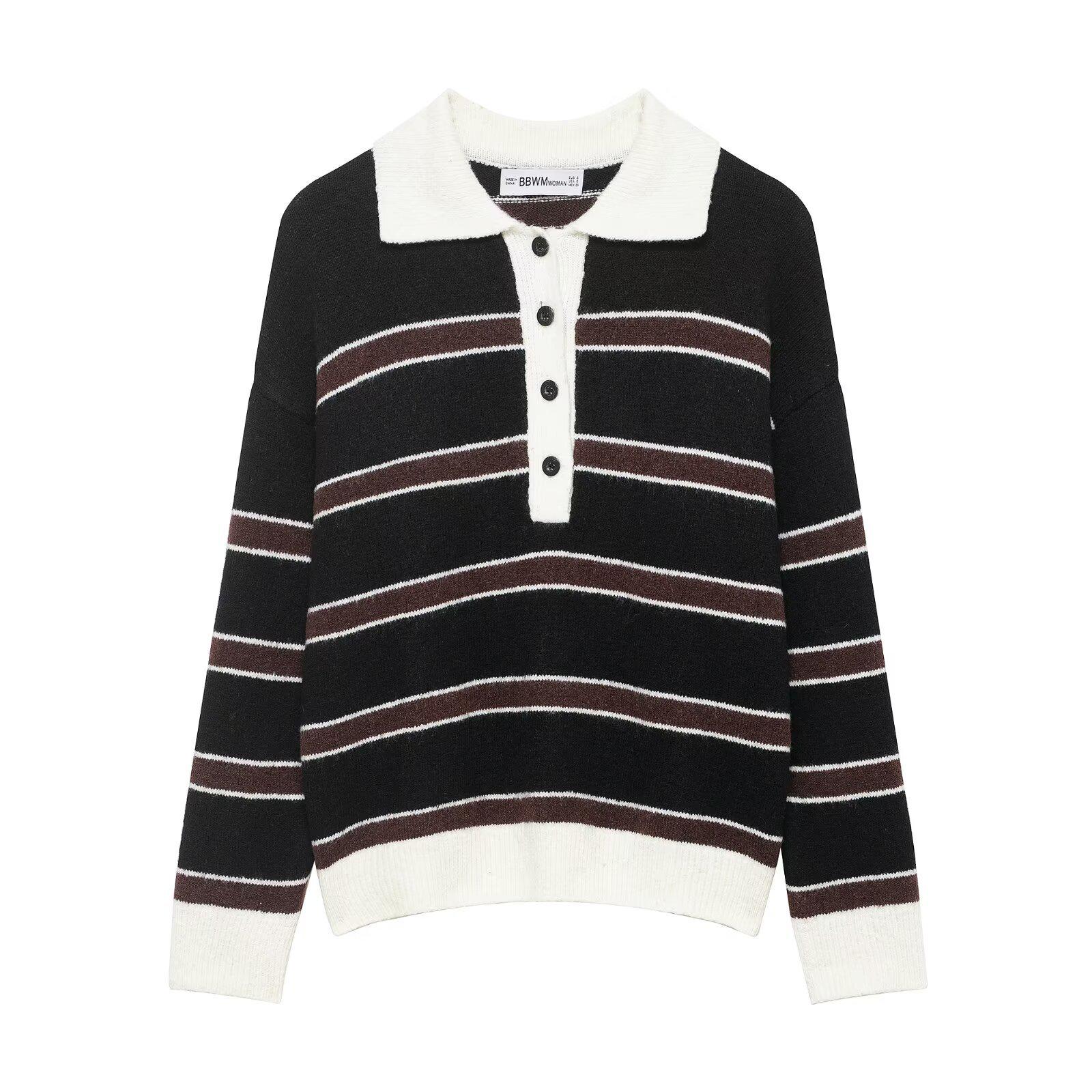 European Trendy Striped Knit Sweater with Polo Collar Large