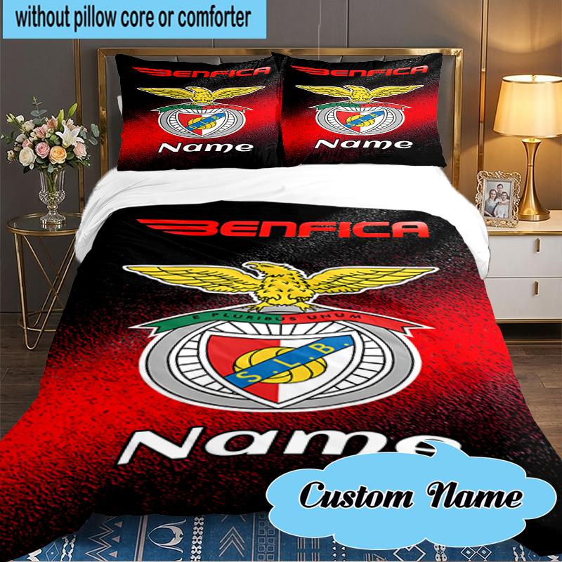 Custom Name Benfica Football Crest Bedding Set 3pcs, Bedding Set Including 1pc Duvet Cover And 2pcs Pillowcases for Bedroom, Dormitory Gift