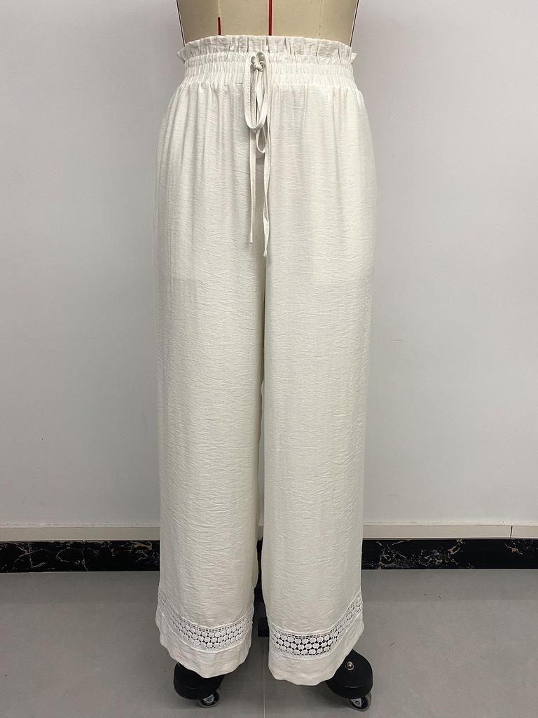 Baifen Zhi Yi: 2026 Resort Style Casual Lace Patchwork Wide-Leg Pants with Elastic Waist