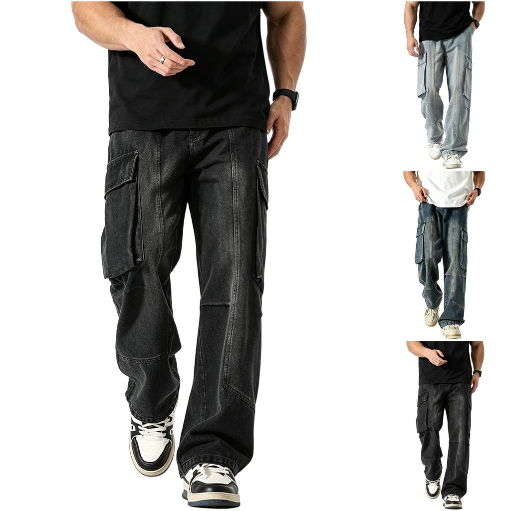 Men's Fall Winter Cargo Jeans with Multi Pockets, Loose Straight Fit, Vintage Patchwork Denim Pants for Casual Wear
