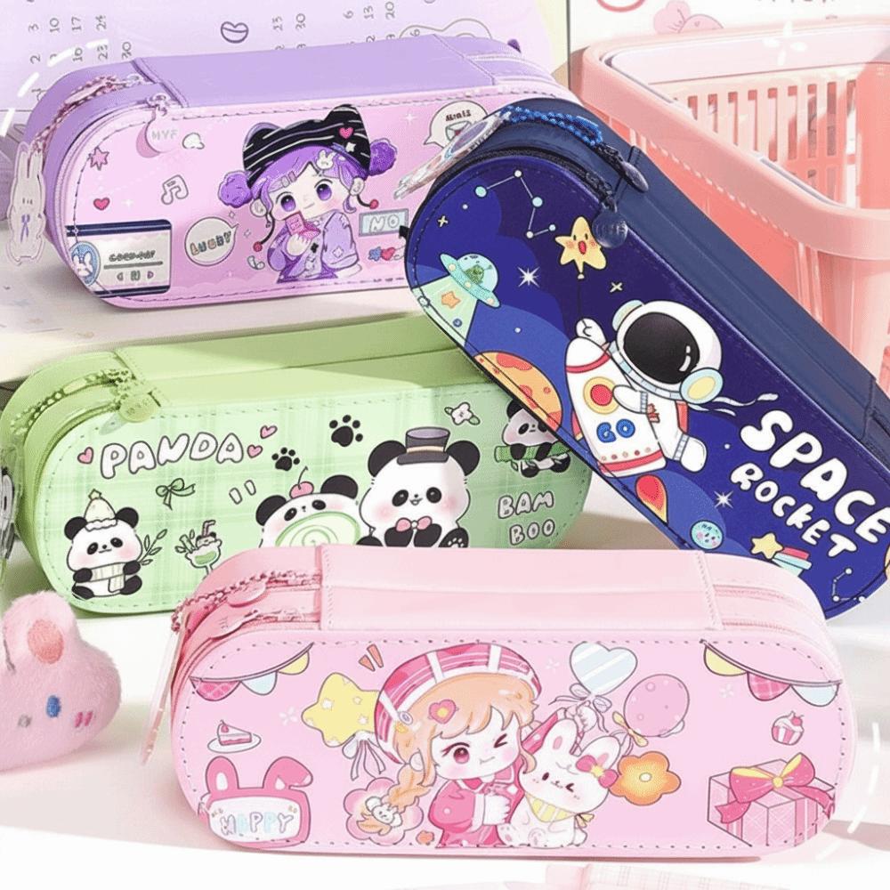 PU Leather Material Multi-Functional Pencil Box Layered Structure Cartoon Storage Box  Office Use