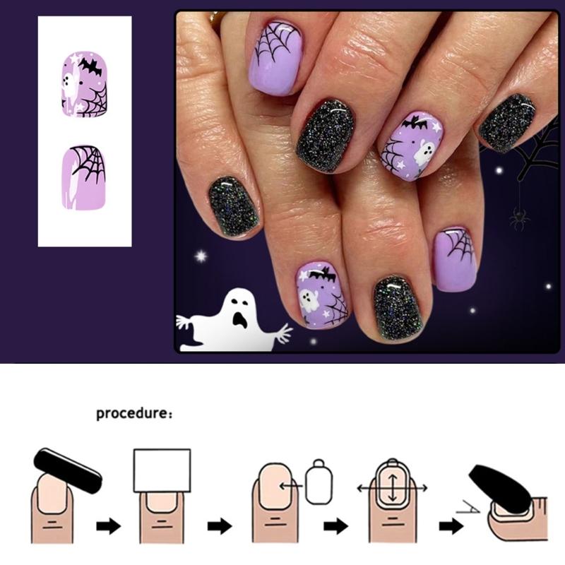 Halloween Faux Nails 24PCS Dark Cobweb Glittering Ghosty And Skeletons Easy Application For Parties