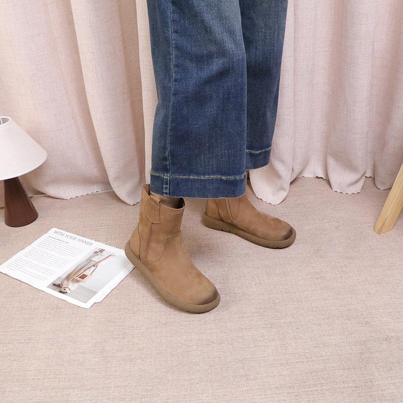 Johnature Versatile Solid Color Short Boots Retro Genuine Leather Round Toe Flat Women's Shoes