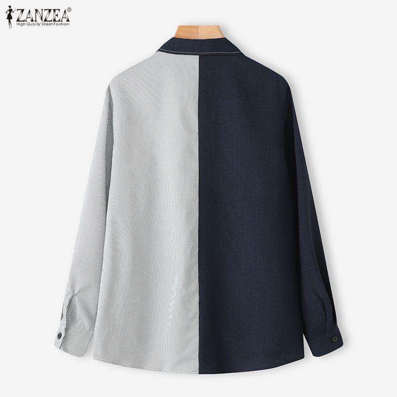 ZANZEA Women Casual Turn Down Collar Long Sleeve Splice Blouse