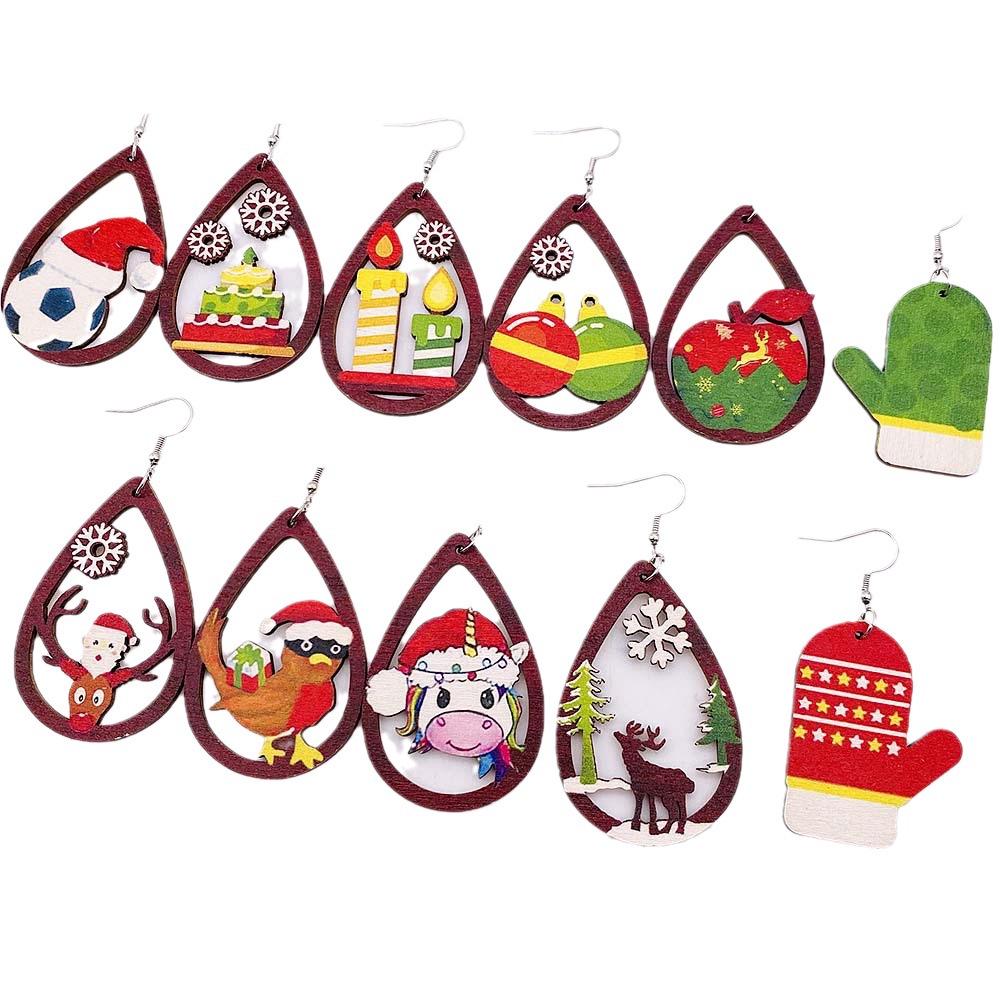 Weihnachtsserie Ohrringe: Festlicher Hut, Fußball, Handschuhe und Glocken-Print Holzohrringe - Europäischer und Amerikanischer Feiertagsschmuck