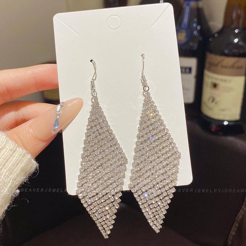 925 Sterling Silver Full Diamond Tassel Earrings – High-End European & American Style, Super Shiny, Luxurious Ear Jewelry for Women.