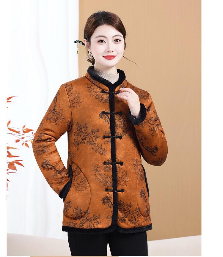 

New Women s Velvet Cotton Jacket - Mid-Aged Winter Outerwear with Frog Buttons, Padded and Thickened for Warmth, Chinese Style XL (85-105 jin) помаранчевий